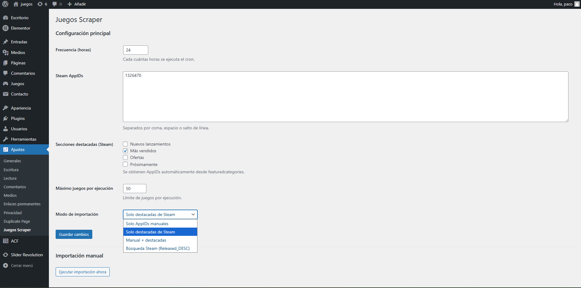 Panel de ajustes del plugin Juegos Scraper