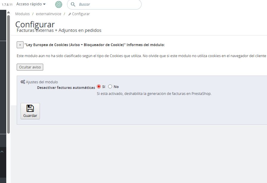 Módulo de facturas externas en Back Office