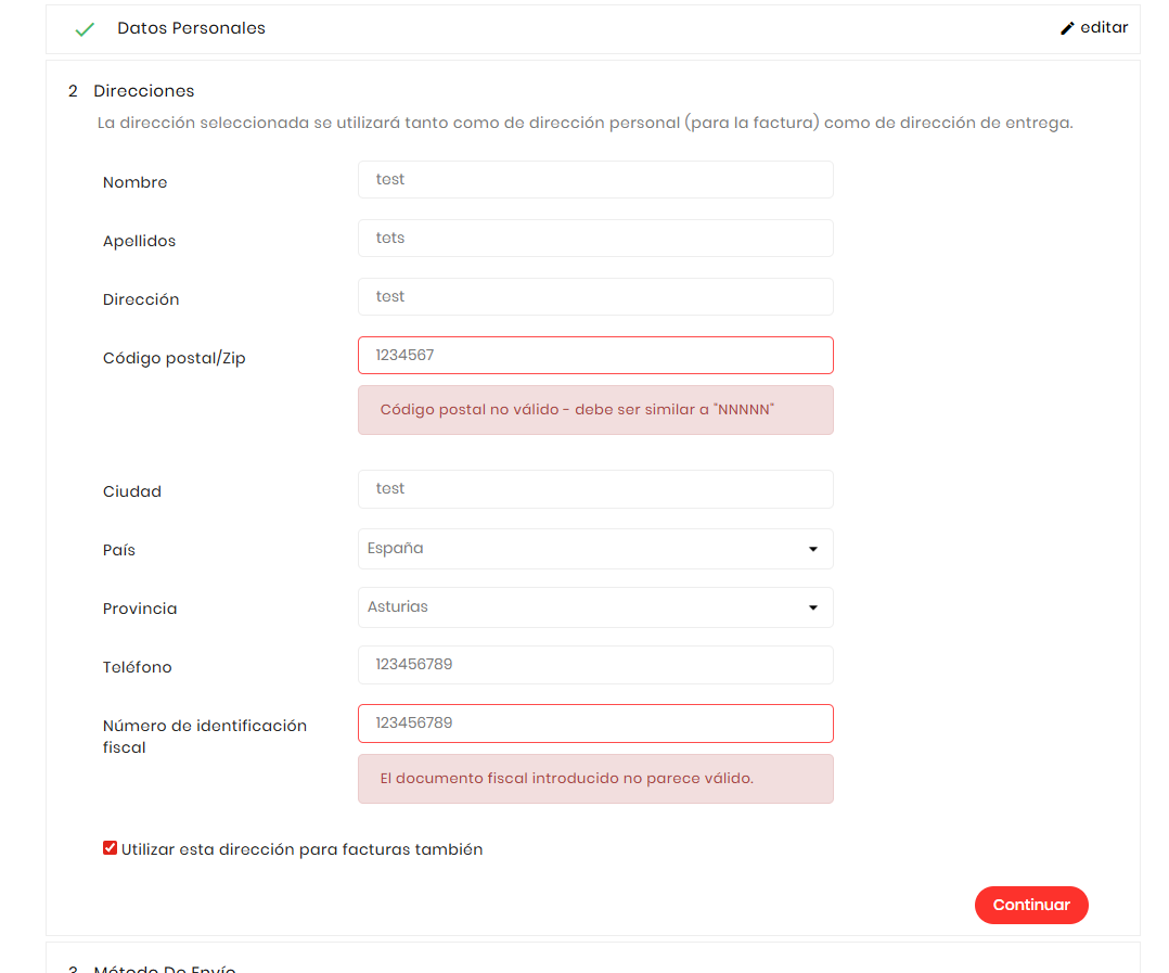 Panel de configuración del módulo de validación fiscal