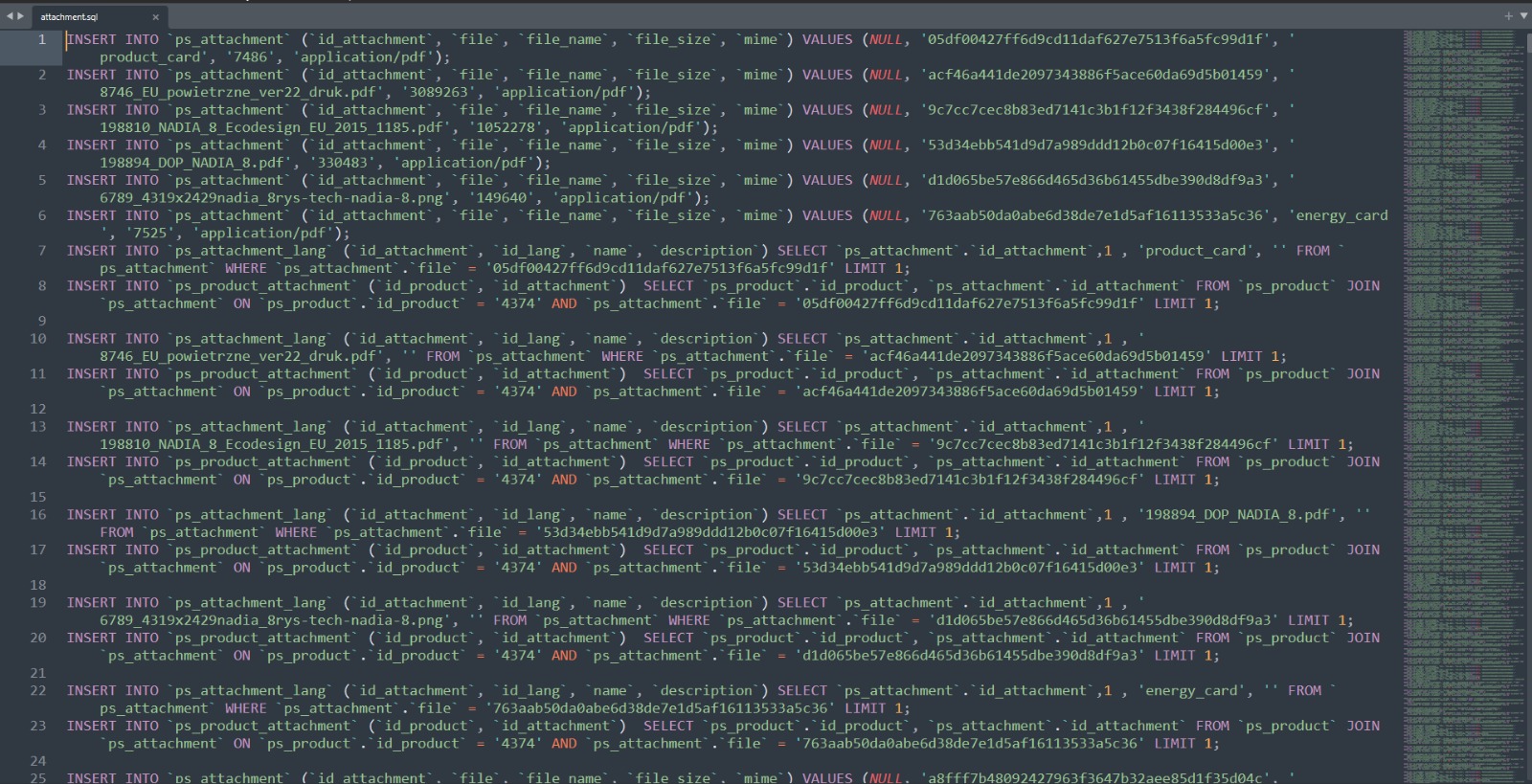 SQL de adjuntos generado automáticamente