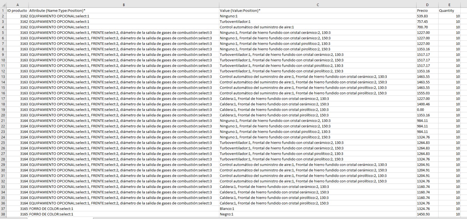 CSV de combinaciones generado con Python