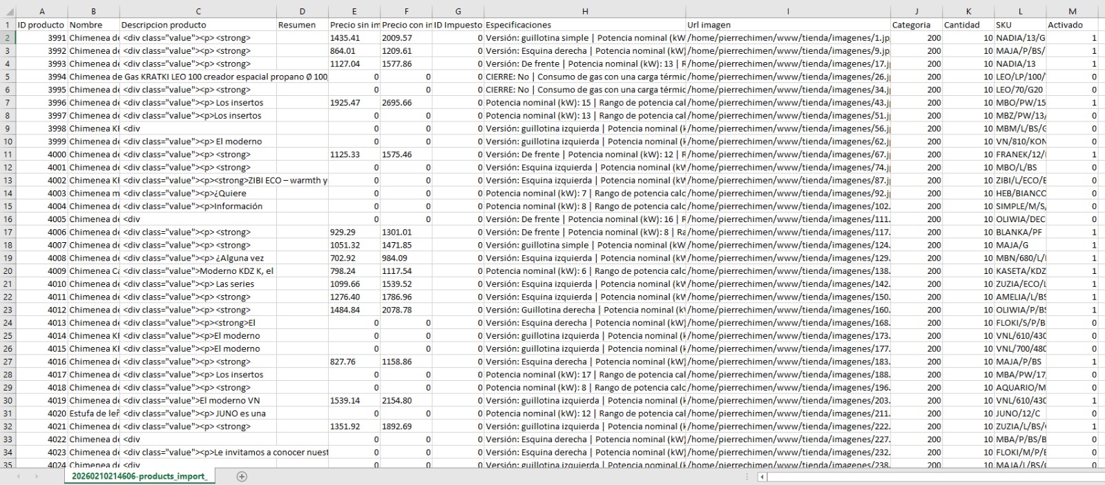 CSV de productos generado con Python