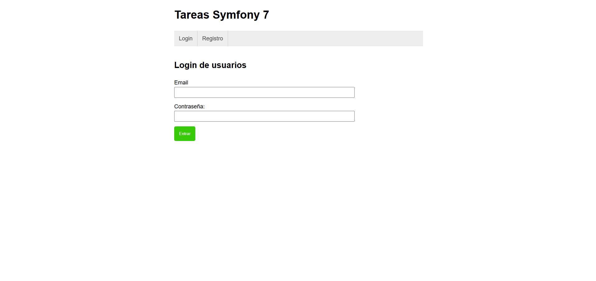 Pantalla de login del CRUD Symfony