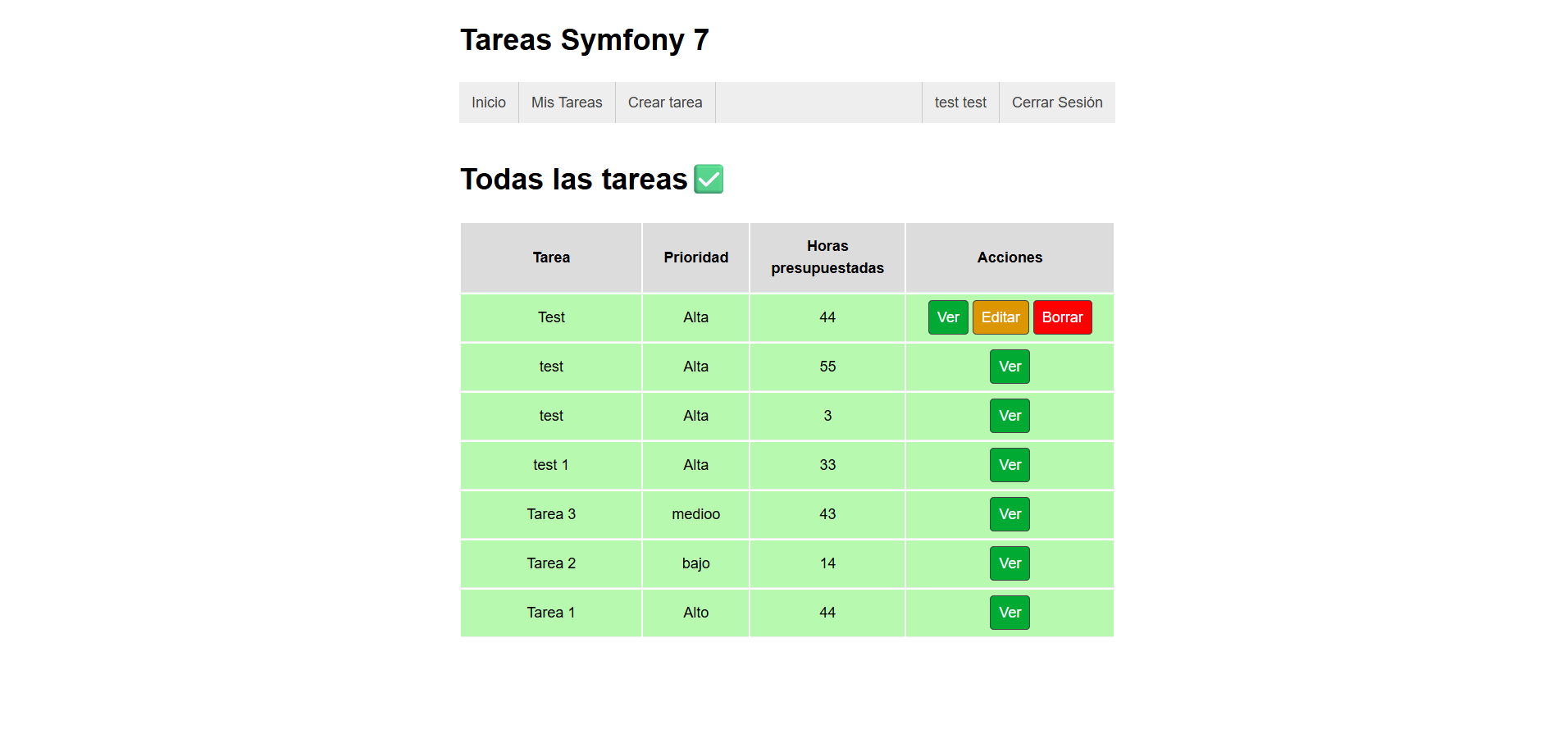 Listado de tareas del CRUD Symfony
