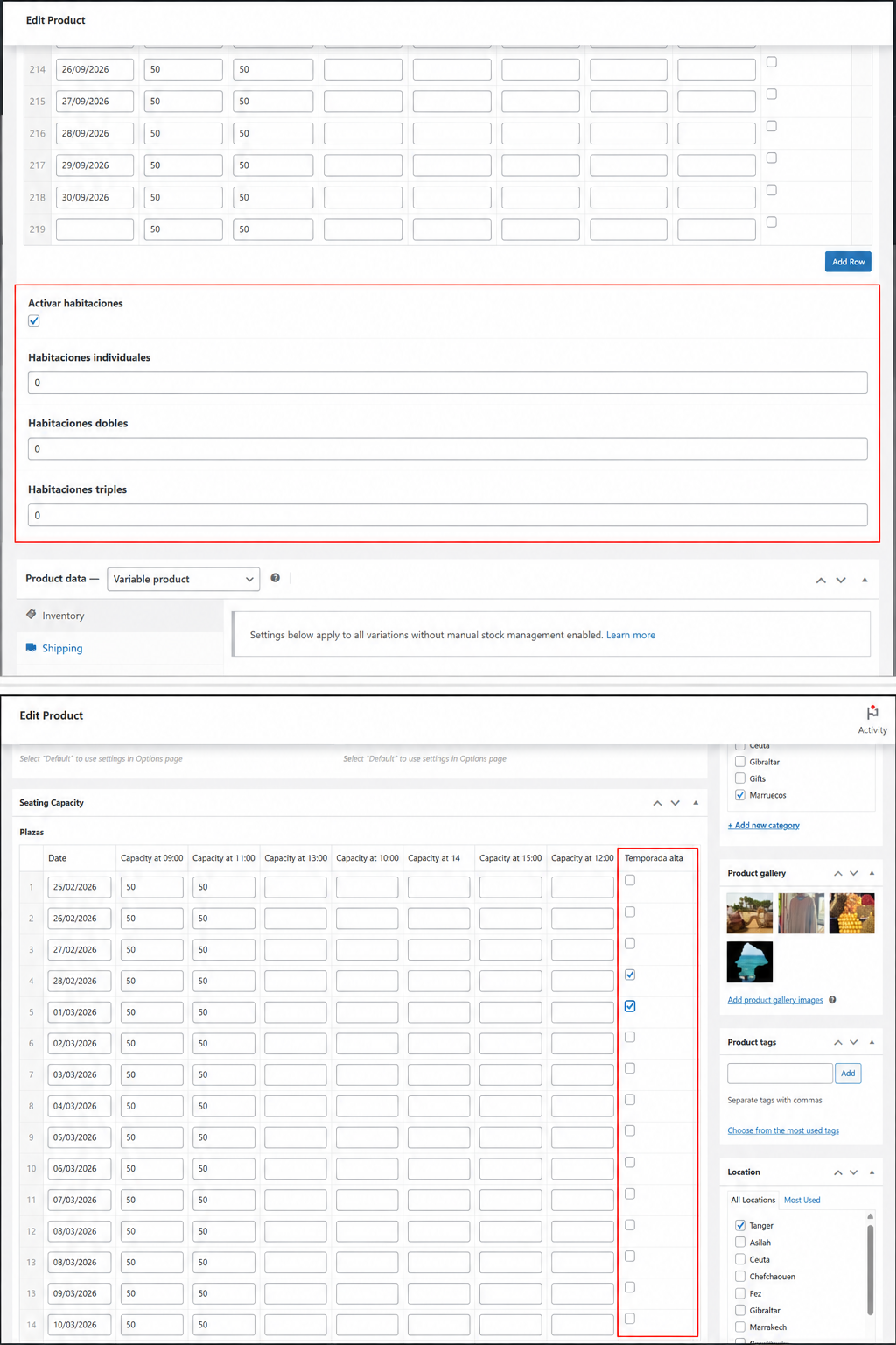 Habitaciones y suplementos mostrados en carrito WooCommerce
