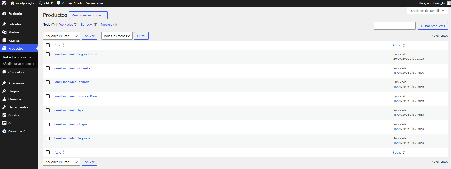 Sección de productos del tema WordPress VGS